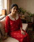 Churidar Model Cotton Nighty With Buttons, Hacoba Yoke, 3/4th Sleeves, 55 Inches - Red
