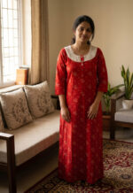 Churidar Model Cotton Nighty With Buttons, Hacoba Yoke, 3/4th Sleeves, 55 Inches - Red - Image 2