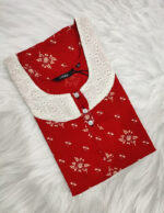 Churidar Model Cotton Nighty With Buttons, Hacoba Yoke, 3/4th Sleeves, 55 Inches - Red - Image 3