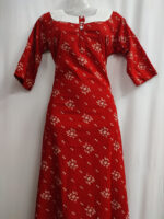 Churidar Model Cotton Nighty With Buttons, Hacoba Yoke, 3/4th Sleeves, 55 Inches - Red - Image 4