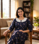Churidar Model Cotton Nighty With Buttons, Hacoba Yoke, 3/4th Sleeves, 55 Inches - Dark Blue