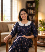 Churidar Model Cotton Nighty With Buttons, Hacoba Yoke, 3/4th Sleeves, 55 Inches - Dark Blue
