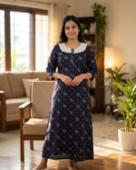 Churidar Model Cotton Nighty With Buttons, Hacoba Yoke, 3/4th Sleeves, 55 Inches - Dark Blue - Image 2