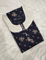 Churidar Model Cotton Nighty With Buttons, Hacoba Yoke, 3/4th Sleeves, 55 Inches - Dark Blue - Image 3