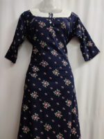 Churidar Model Cotton Nighty With Buttons, Hacoba Yoke, 3/4th Sleeves, 55 Inches - Dark Blue - Image 4