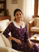 Churidar Model Cotton Nighty With Buttons, Hacoba Yoke, 3/4th Sleeves, 55 Inches - Grape Vine