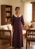 Churidar Model Cotton Nighty With Buttons, Hacoba Yoke, 3/4th Sleeves, 55 Inches - Grape Vine - Image 2
