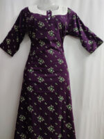 Churidar Model Cotton Nighty With Buttons, Hacoba Yoke, 3/4th Sleeves, 55 Inches - Grape Vine - Image 4