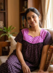 Front Open Cotton Nighty With Buttons, 55 Inches - Brown + Rose