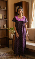 Front Open Cotton Nighty With Buttons, 55 Inches - Brown + Rose - Image 2