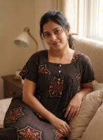 Front Open Cotton Nighty With Buttons, 55 Inches - Brown