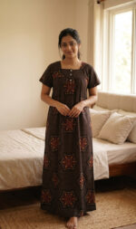 Front Open Cotton Nighty With Buttons, 55 Inches - Brown - Image 2