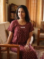 Traditional Cambric Cotton Nighty, 55 Inches Length - Maroon
