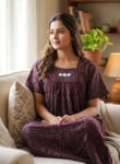 Traditional Cotton Nighty, 55 Inches Length - Maroon + Green