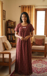 Traditional Cambric Cotton Nighty, 55 Inches Length - Maroon - Image 2