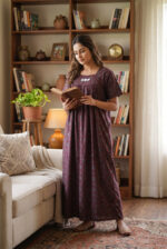 Traditional Cotton Nighty, 55 Inches Length - Maroon + Green - Image 2