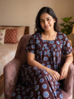 Front Open Cotton Nighty With Buttons, 55 Inches - Brown + Blue Flowers