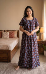 Front Open Cotton Nighty With Buttons, 55 Inches - Brown + Blue Flowers - Image 2