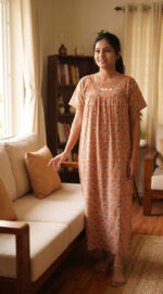 Traditional Cotton Nighty With Round Neck, 57 Inches Length - Image 2