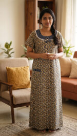 Churidar Model Cotton Nighty With Round Neck, 55 Inches - Chikku Colour + Blue - Image 2