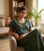 Churidar Model Cotton Nighty With Buttons, 55 Inches - Dark Green