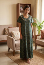Churidar Model Cotton Nighty With Buttons, 55 Inches - Dark Green - Image 2