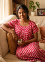 Front Open Cotton Nighty With Buttons, 55 Inches - Rose + White Line