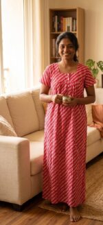 Front Open Cotton Nighty With Buttons, 55 Inches - Rose + White Line - Image 2