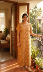 Churidar Model Cotton Nighty With Buttons, 55 Inches - Yellow - Image 2