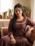 Short And Trendy Ajrakh Cotton Nighty With Round Neck - Maroon