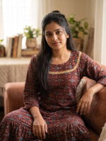Short And Trendy Ajrakh Cotton Nighty With Round Neck - Maroon