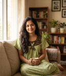 Traditional Cotton Nighty With Round Neck, 55 Inches Length - Green