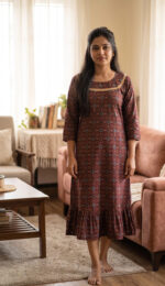 Short And Trendy Ajrakh Cotton Nighty With Round Neck - Maroon - Image 2