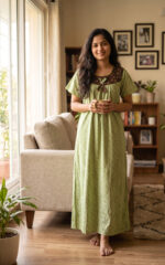 Traditional Cotton Nighty With Round Neck, 55 Inches Length - Green - Image 2