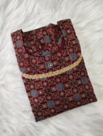 Short And Trendy Ajrakh Cotton Nighty With Round Neck - Maroon - Image 3