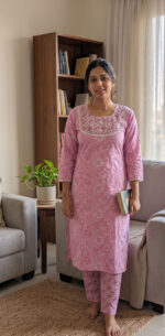 Night Suit In Cotton Fabric - Short Top And Pants - Rose - Image 2