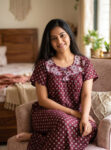 Traditional Cotton Nighty With Round Neck, 55 Inches Length - Maroon