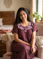 Traditional Cotton Nighty With Round Neck, 55 Inches Length - Maroon