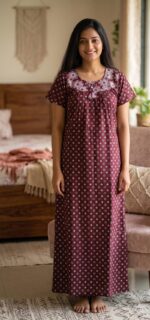 Traditional Cotton Nighty With Round Neck, 55 Inches Length - Maroon - Image 2