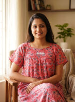 Traditional Cotton Nighty With Round Neck, 57 Inches Length - Peach