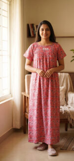 Traditional Cotton Nighty With Round Neck, 57 Inches Length - Peach - Image 2