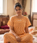 Traditional Cotton Nighty With Round Neck, 57 Inches Length - Light Orange
