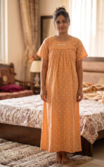 Traditional Cotton Nighty With Round Neck, 57 Inches Length - Light Orange - Image 2