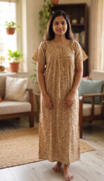 Front Open Cotton Nighty With Zip, 57 Inches - Cream + Orange - Image 2