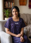 Traditional Cotton Nighty, 55 Inches Length - Dark Brown + Blue