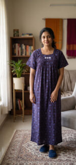Traditional Cotton Nighty, 55 Inches Length - Dark Brown + Blue - Image 2