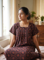 Front Open Cotton Nighty With Buttons, 55 Inches - Black + Brown Shade