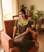Churidar Model Cotton Nighty With Round Neck, 55 Inches - Brown + Green