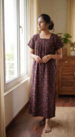 Front Open Cotton Nighty With Buttons, 55 Inches - Black + Brown Shade - Image 2