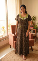 Churidar Model Cotton Nighty With Round Neck, 55 Inches - Brown + Green - Image 2